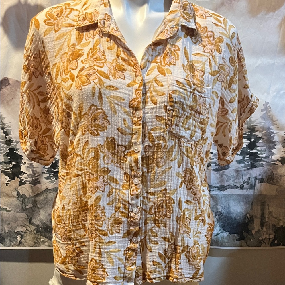 Garnet Hill Tan Floral Button-Down Shirt